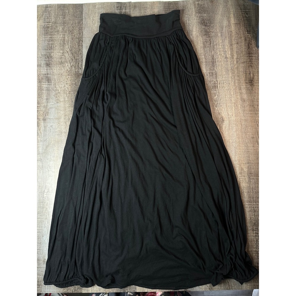 Garnet Hill Black Cotton Modal Jersey Maxi Skirt with Pockets PS Petite Small